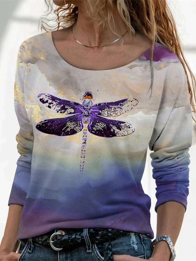 Women's T-Shirts Dragonfly Print Crew Neck Long Sleeve T-Shirt - T-Shirts - Instastyled | Online Fashion Free Shipping Clothing, Dresses, Tops, Shoes - 15/03/2022 - 20-30 - color-blue