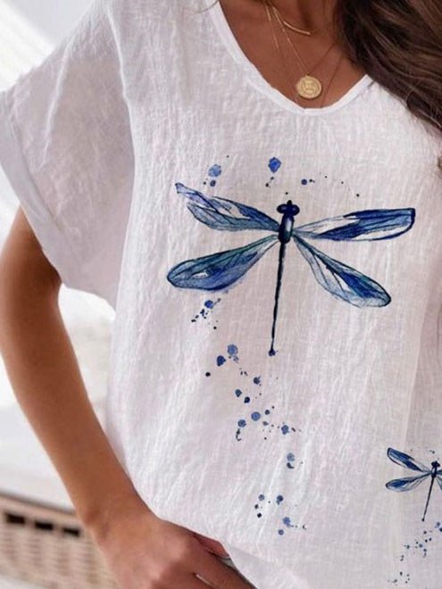 Women's T-Shirts Dragonfly Print V-Neck Short Sleeve Casual T-Shirt - T-Shirts - Instastyled | Online Fashion Free Shipping Clothing, Dresses, Tops, Shoes - 20-30 - 27/06/2022 - color-white