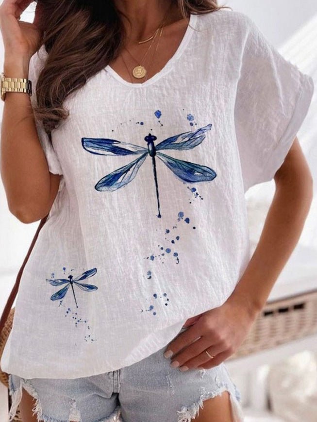 Women's T-Shirts Dragonfly Print V-Neck Short Sleeve Casual T-Shirt - T-Shirts - Instastyled | Online Fashion Free Shipping Clothing, Dresses, Tops, Shoes - 20-30 - 27/06/2022 - color-white