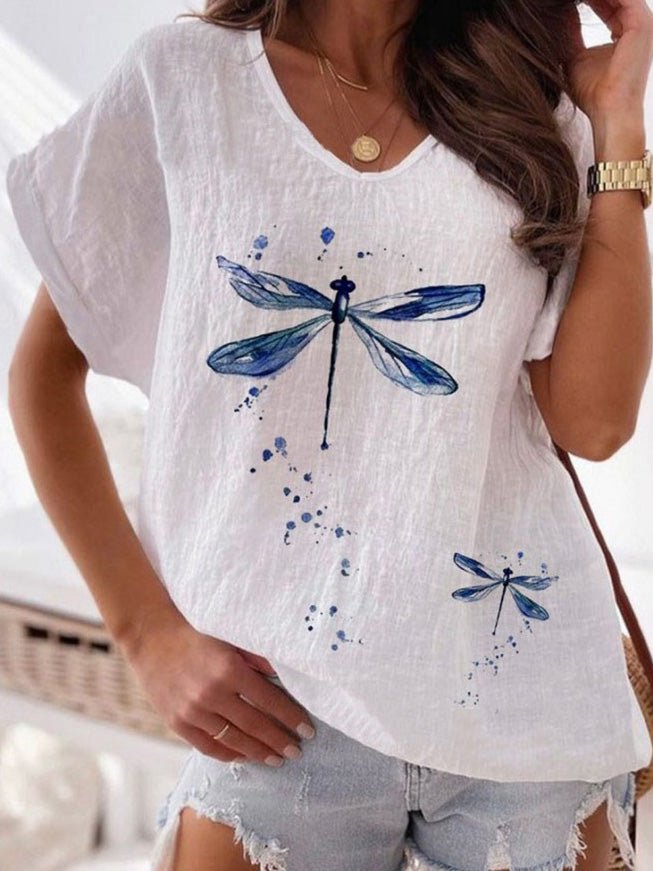 Women's T-Shirts Dragonfly Print V-Neck Short Sleeve Casual T-Shirt - T-Shirts - Instastyled | Online Fashion Free Shipping Clothing, Dresses, Tops, Shoes - 20-30 - 27/06/2022 - color-white