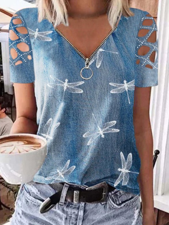 Women's T-Shirts Dragonfly Print V-Neck Zipper Short Sleeve T-Shirt - T-Shirts - Instastyled | Online Fashion Free Shipping Clothing, Dresses, Tops, Shoes - 02/03/2022 - 20-30 - color-blue