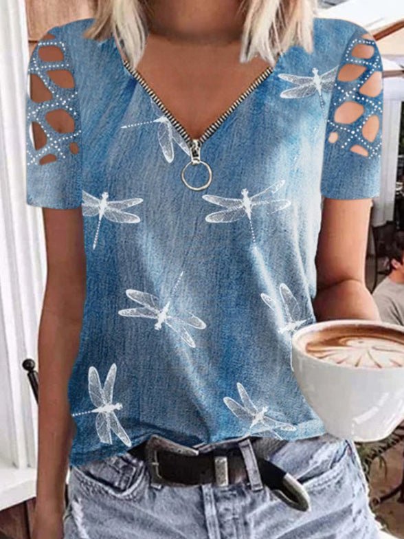 Women's T-Shirts Dragonfly Print V-Neck Zipper Short Sleeve T-Shirt - T-Shirts - Instastyled | Online Fashion Free Shipping Clothing, Dresses, Tops, Shoes - 02/03/2022 - 20-30 - color-blue