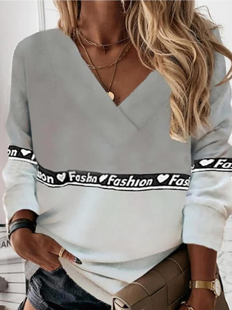 Women's T-Shirts Fashion Printed V-Neck Long Sleeve T-Shirt - T-Shirts - INS | Online Fashion Free Shipping Clothing, Dresses, Tops, Shoes - 20-30 - 28/10/2021 - color-gray