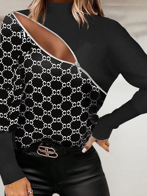 Women's T-Shirts Fashion Printed Zipper Long Sleeve T-Shirt - T-Shirts - Instastyled | Online Fashion Free Shipping Clothing, Dresses, Tops, Shoes - 15/12/2021 - 20-30 - color-black