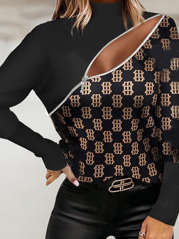 Women's T-Shirts Fashion Printed Zipper Long Sleeve T-Shirt - T-Shirts - Instastyled | Online Fashion Free Shipping Clothing, Dresses, Tops, Shoes - 15/12/2021 - 20-30 - color-black