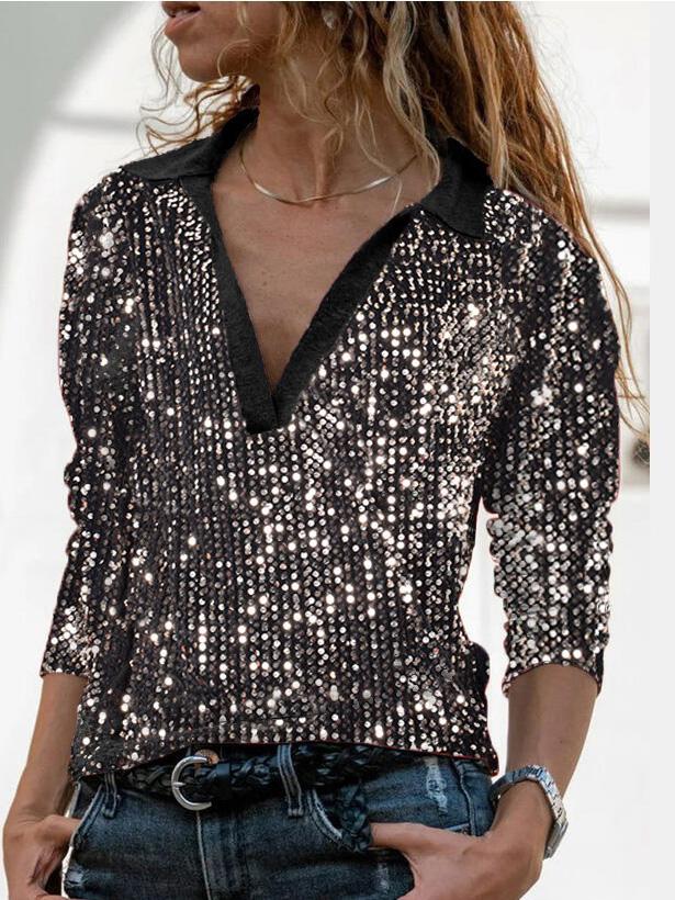 Women's T-Shirts Fashion Sequined V-Neck Long Sleeve T-Shirt - T-Shirts - Instastyled | Online Fashion Free Shipping Clothing, Dresses, Tops, Shoes - 02/12/2021 - 20-30 - color-black