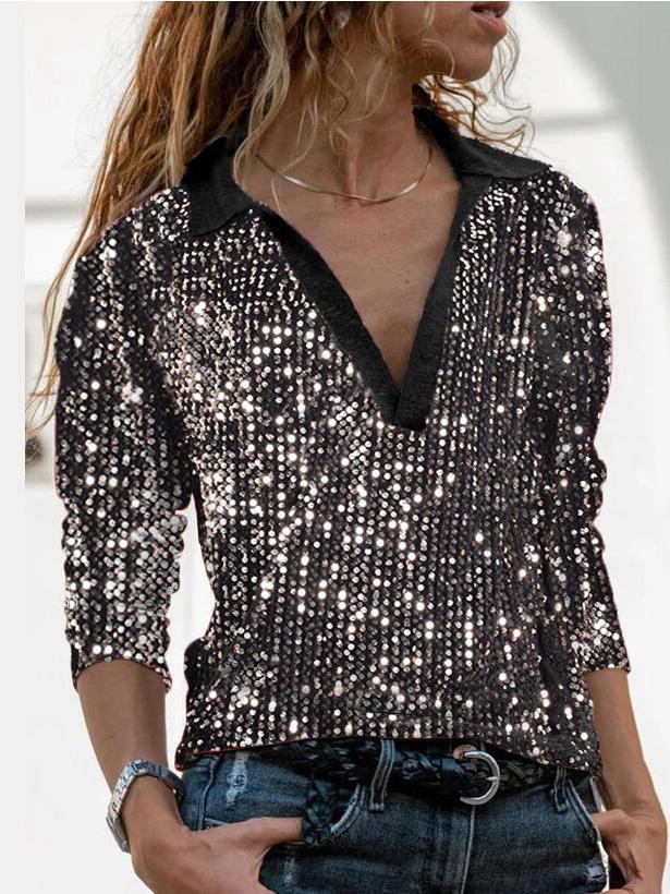 Women's T-Shirts Fashion Sequined V-Neck Long Sleeve T-Shirt - T-Shirts - Instastyled | Online Fashion Free Shipping Clothing, Dresses, Tops, Shoes - 02/12/2021 - 20-30 - color-black