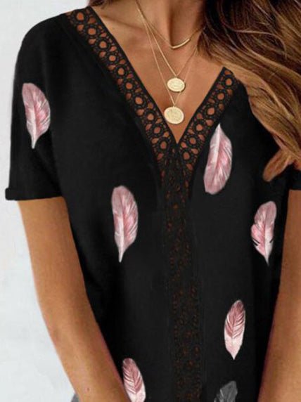 Women's T-Shirts Feather Print Lace V-Neck Short Sleeve T-Shirt - T-Shirts - Instastyled | Online Fashion Free Shipping Clothing, Dresses, Tops, Shoes - 16/05/2022 - 20-30 - color-black