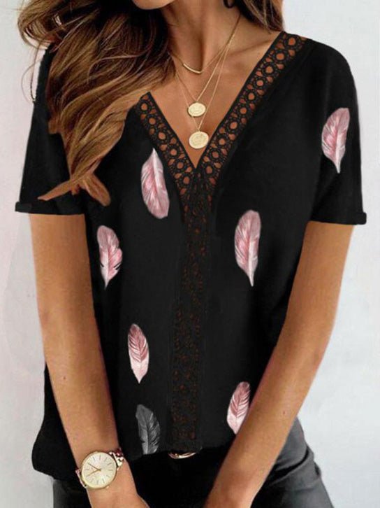 Women's T-Shirts Feather Print Lace V-Neck Short Sleeve T-Shirt - T-Shirts - Instastyled | Online Fashion Free Shipping Clothing, Dresses, Tops, Shoes - 16/05/2022 - 20-30 - color-black