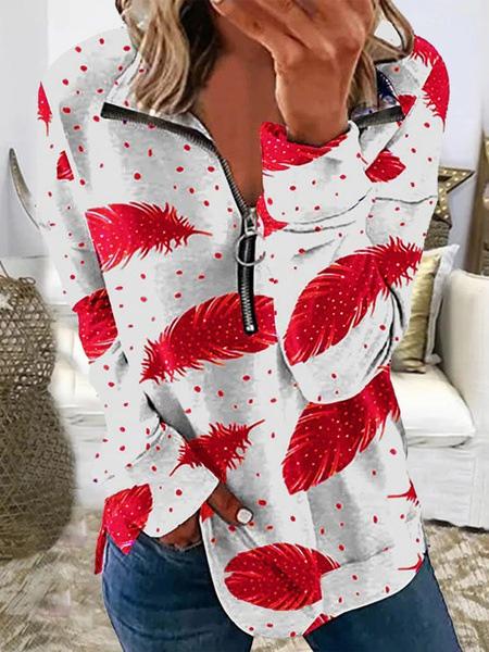 Women's T-Shirts Feather Print Lapel Zipper Long Sleeve T-Shirt - T-Shirts - INS | Online Fashion Free Shipping Clothing, Dresses, Tops, Shoes - 19/11/2021 - 20-30 - color-black