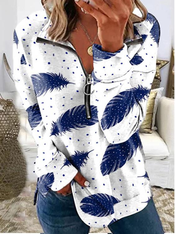 Women's T-Shirts Feather Print Lapel Zipper Long Sleeve T-Shirt - T-Shirts - INS | Online Fashion Free Shipping Clothing, Dresses, Tops, Shoes - 19/11/2021 - 20-30 - color-black