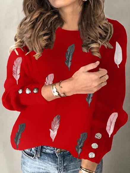 Women's T-Shirts Feather Print Round Neck Long Sleeve Knit T-Shirt - T-Shirts - INS | Online Fashion Free Shipping Clothing, Dresses, Tops, Shoes - 18/10/2021 - 20-30 - color-black