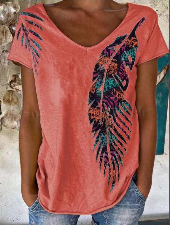 Women's T-Shirts Feather Print V-Neck Short Sleeve T-Shirt - T-Shirts - Instastyled | Online Fashion Free Shipping Clothing, Dresses, Tops, Shoes - 04/08/2022 - Color_Red - HDL