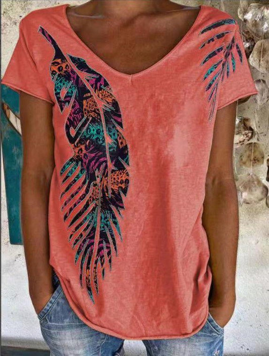 Women's T-Shirts Feather Print V-Neck Short Sleeve T-Shirt - T-Shirts - Instastyled | Online Fashion Free Shipping Clothing, Dresses, Tops, Shoes - 04/08/2022 - Color_Red - HDL