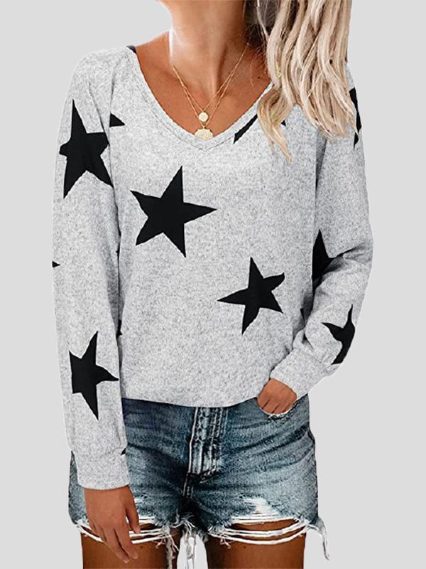 Women's T-Shirts Five-Pointed Star Print V-Neck Long Sleeve T-Shirt - T-Shirts - INS | Online Fashion Free Shipping Clothing, Dresses, Tops, Shoes - 10-20 - 12/08/2021 - Category_T-Shirts