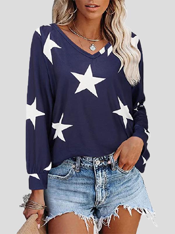 Women's T-Shirts Five-Pointed Star Print V-Neck Long Sleeve T-Shirt - T-Shirts - INS | Online Fashion Free Shipping Clothing, Dresses, Tops, Shoes - 10-20 - 12/08/2021 - Category_T-Shirts