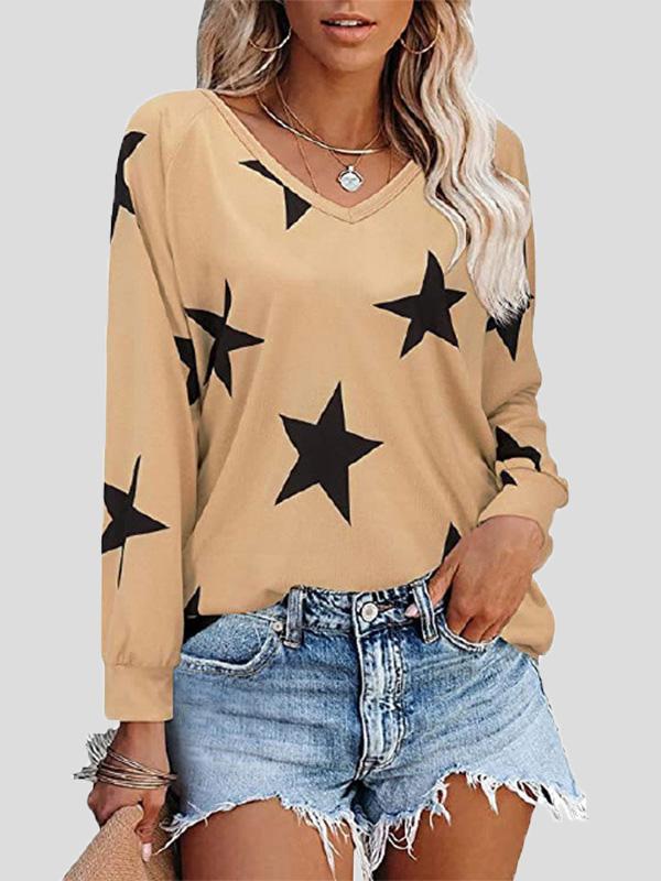 Women's T-Shirts Five-Pointed Star Print V-Neck Long Sleeve T-Shirt - T-Shirts - INS | Online Fashion Free Shipping Clothing, Dresses, Tops, Shoes - 10-20 - 12/08/2021 - Category_T-Shirts