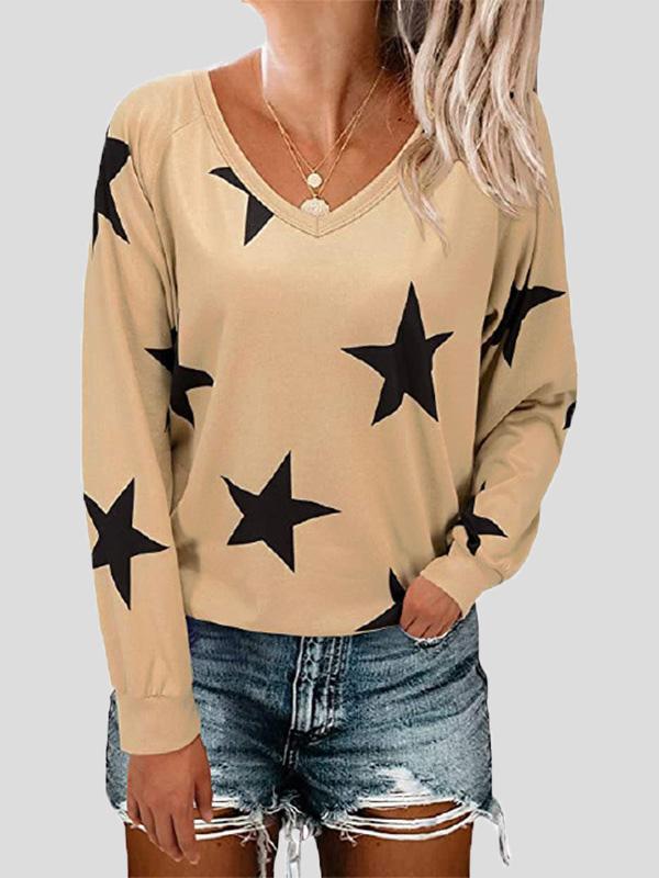 Women's T-Shirts Five-Pointed Star Print V-Neck Long Sleeve T-Shirt - T-Shirts - INS | Online Fashion Free Shipping Clothing, Dresses, Tops, Shoes - 10-20 - 12/08/2021 - Category_T-Shirts