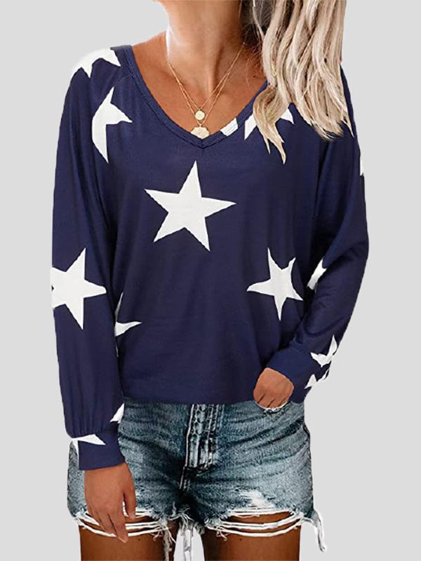 Women's T-Shirts Five-Pointed Star Print V-Neck Long Sleeve T-Shirt - T-Shirts - INS | Online Fashion Free Shipping Clothing, Dresses, Tops, Shoes - 10-20 - 12/08/2021 - Category_T-Shirts