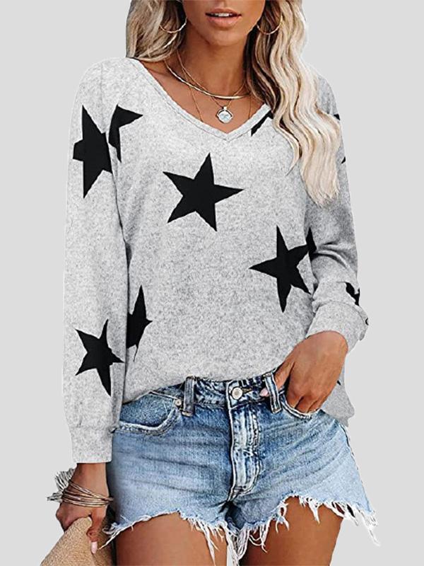 Women's T-Shirts Five-Pointed Star Print V-Neck Long Sleeve T-Shirt - T-Shirts - INS | Online Fashion Free Shipping Clothing, Dresses, Tops, Shoes - 10-20 - 12/08/2021 - Category_T-Shirts