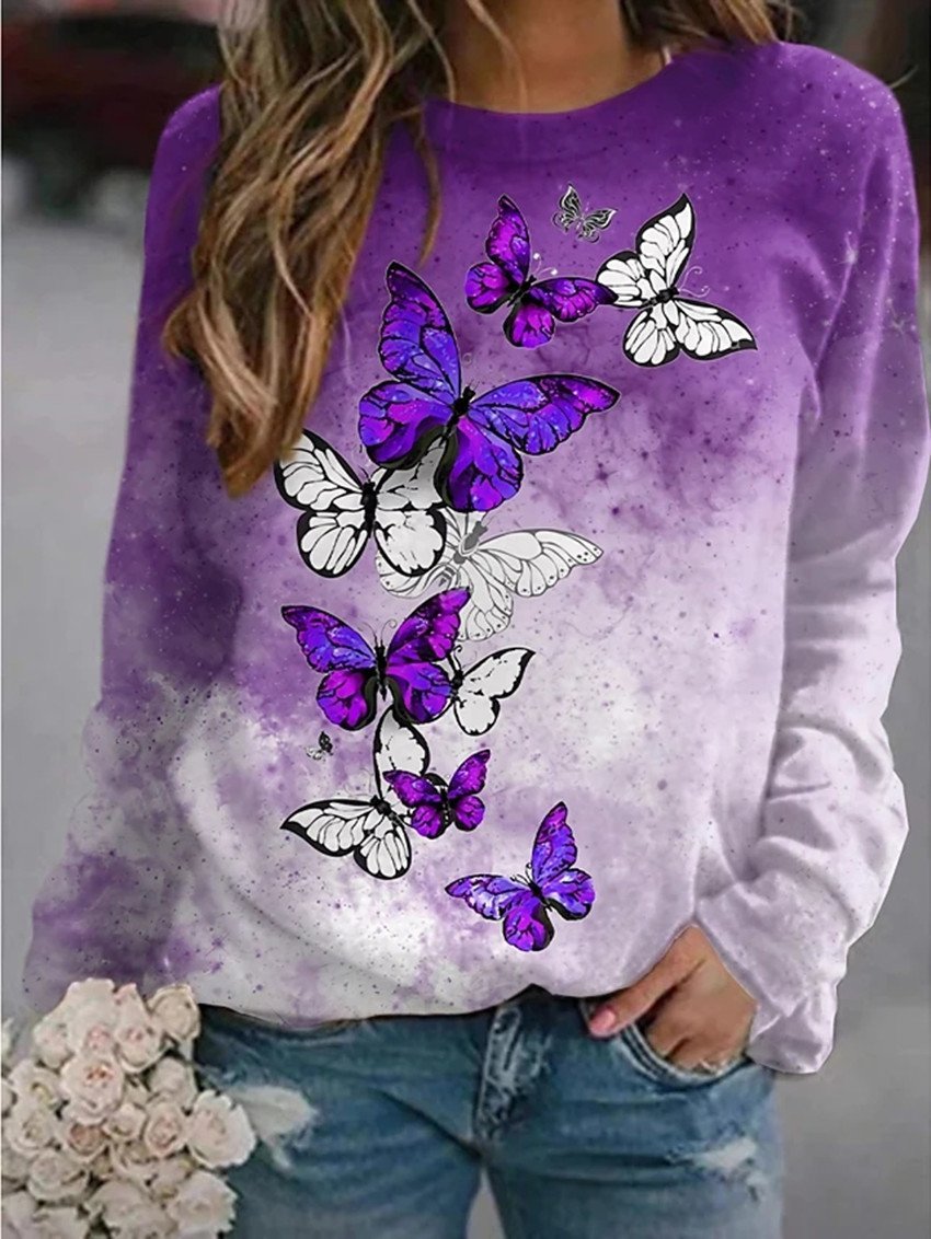 Women's T-Shirts Floral Butterfly Print Round Neck Long Sleeve T-Shirts - T-Shirts - INS | Online Fashion Free Shipping Clothing, Dresses, Tops, Shoes - 20-30 - 21/08/2021 - Category_T-Shirts