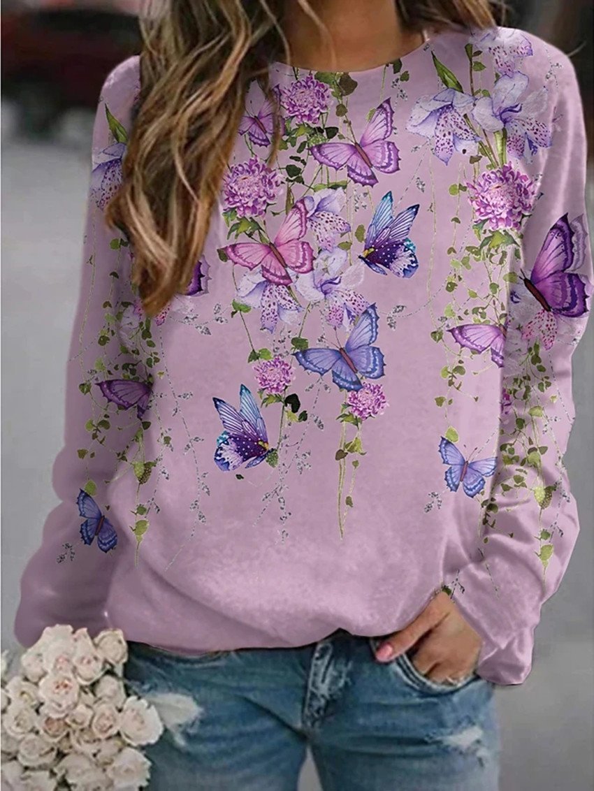 Women's T-Shirts Floral Butterfly Print Round Neck Long Sleeve T-Shirts - T-Shirts - INS | Online Fashion Free Shipping Clothing, Dresses, Tops, Shoes - 20-30 - 21/08/2021 - Category_T-Shirts