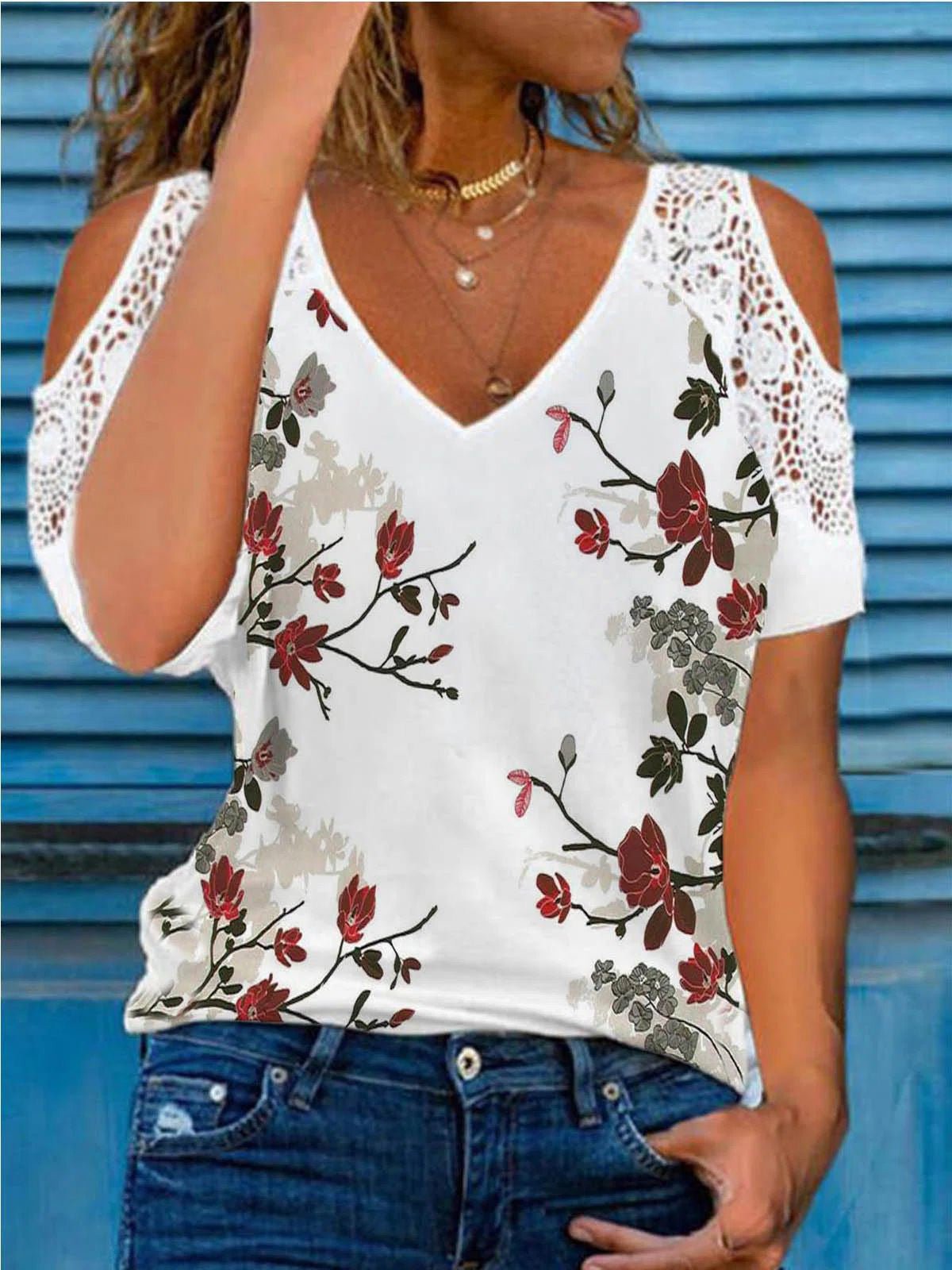 Women's T-Shirts Floral Lace V-Neck Off Shoulder Short Sleeve T-Shirt - T-Shirts - Instastyled | Online Fashion Free Shipping Clothing, Dresses, Tops, Shoes - 15/03/2022 - 20-30 - color-white