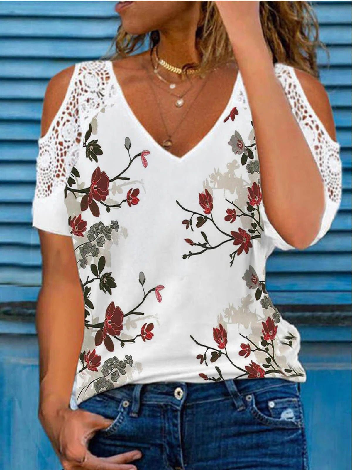 Women's T-Shirts Floral Lace V-Neck Off Shoulder Short Sleeve T-Shirt - T-Shirts - Instastyled | Online Fashion Free Shipping Clothing, Dresses, Tops, Shoes - 15/03/2022 - 20-30 - color-white