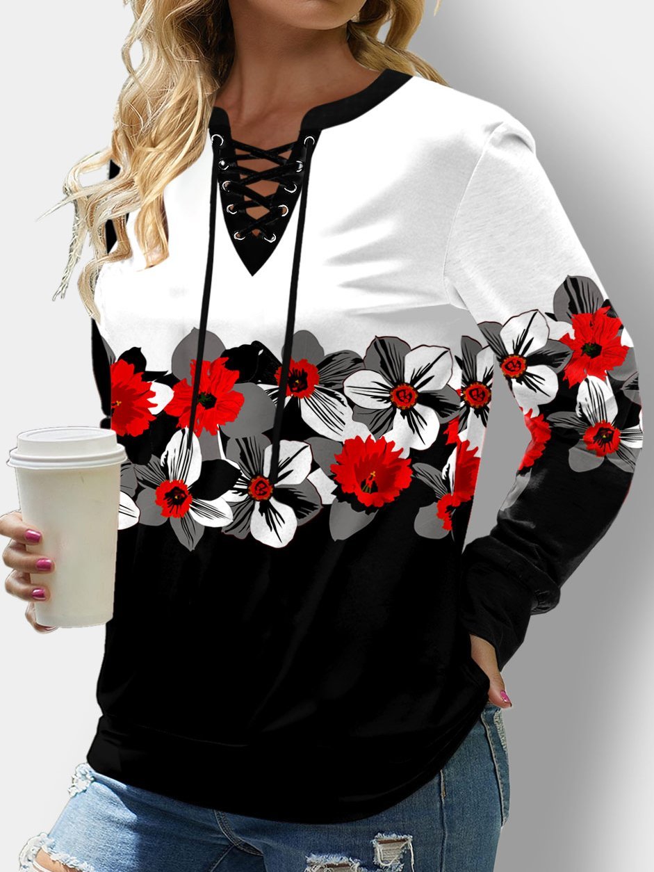 Women's T-Shirts Floral Print Belted Long Sleeve Loose T-Shirts - T-Shirts - INS | Online Fashion Free Shipping Clothing, Dresses, Tops, Shoes - 10/08/2021 - 20-30 - Category_T-Shirts