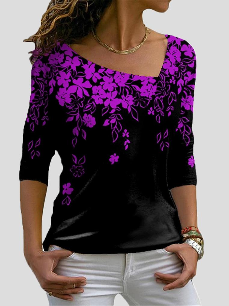 Women's T-Shirts Floral Print Big V-Neck Long Sleeve T-Shirts - T-Shirts - INS | Online Fashion Free Shipping Clothing, Dresses, Tops, Shoes - 10-20 - 17/09/2021 - Category_T-Shirts