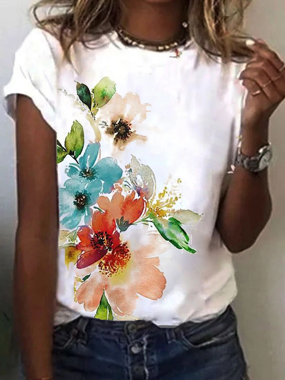 Women's T-Shirts Floral Print Crew Neck Short Sleeve T-Shirt - T-Shirts - Instastyled | Online Fashion Free Shipping Clothing, Dresses, Tops, Shoes - 22/04/2022 - Color_Blue - Color_Green