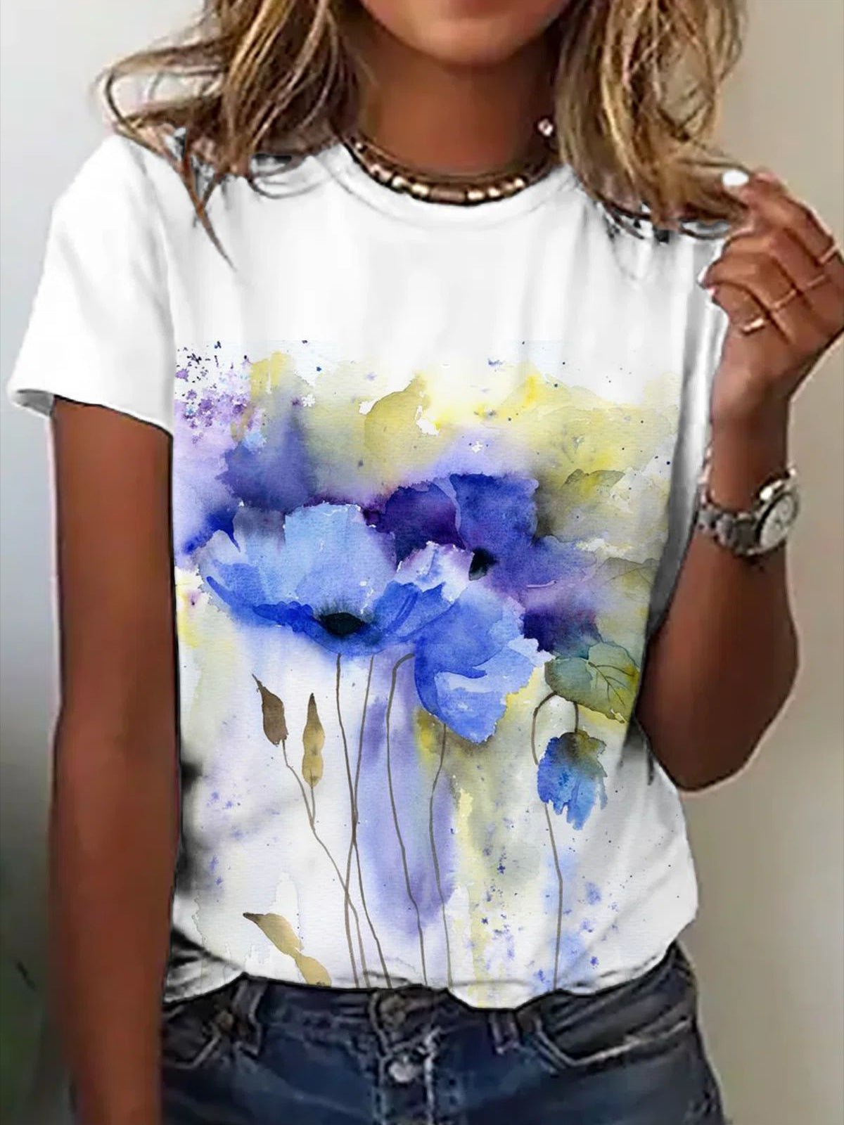 Women's T-Shirts Floral Print Crew Neck Short Sleeve T-Shirt - T-Shirts - Instastyled | Online Fashion Free Shipping Clothing, Dresses, Tops, Shoes - 22/04/2022 - Color_Blue - Color_Green