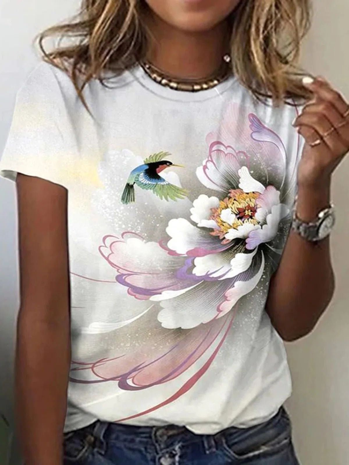 Women's T-Shirts Floral Print Crew Neck Short Sleeve T-Shirt - T-Shirts - Instastyled | Online Fashion Free Shipping Clothing, Dresses, Tops, Shoes - 22/04/2022 - Color_Blue - Color_Green