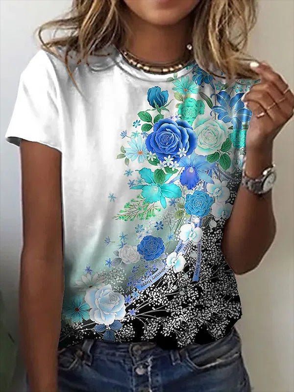 Women's T-Shirts Floral Print Crew Neck Short Sleeve T-Shirt - T-Shirts - Instastyled | Online Fashion Free Shipping Clothing, Dresses, Tops, Shoes - 22/04/2022 - Color_Blue - Color_Green