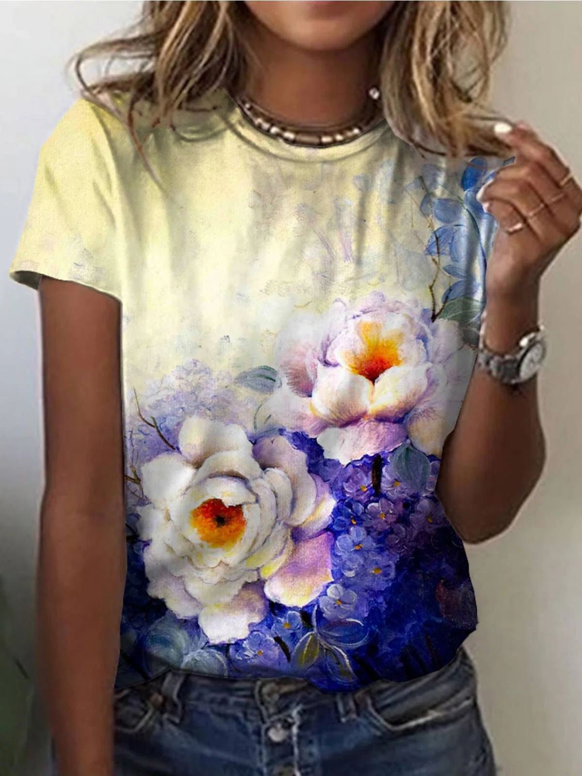 Women's T-Shirts Floral Print Crew Neck Short Sleeve T-Shirt - T-Shirts - Instastyled | Online Fashion Free Shipping Clothing, Dresses, Tops, Shoes - 22/04/2022 - Color_Blue - Color_Green