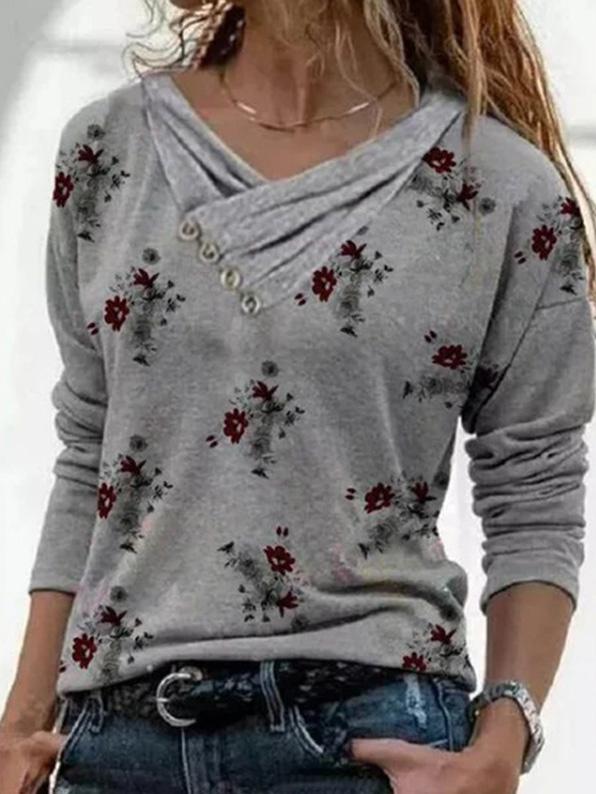 Women's T-Shirts Floral Print Feature Button Design Long Sleeve T-Shirt - T-Shirts - INS | Online Fashion Free Shipping Clothing, Dresses, Tops, Shoes - 10/09/2021 - 20-30 - Category_T-Shirts