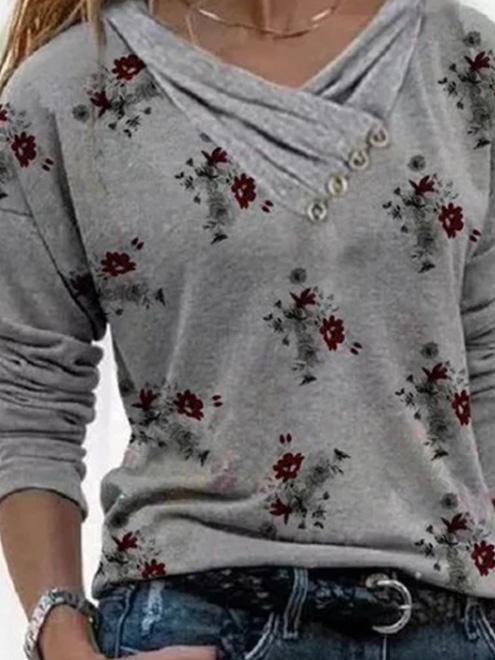 Women's T-Shirts Floral Print Feature Button Design Long Sleeve T-Shirt - T-Shirts - INS | Online Fashion Free Shipping Clothing, Dresses, Tops, Shoes - 10/09/2021 - 20-30 - Category_T-Shirts