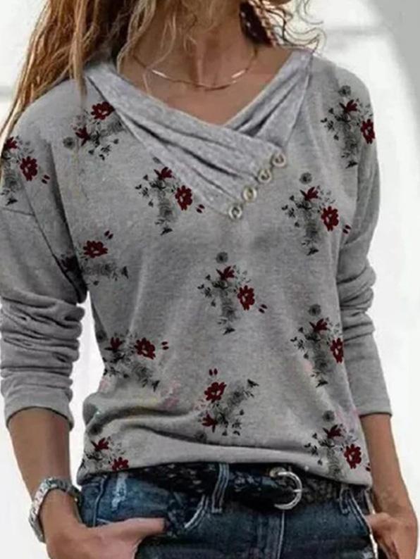 Women's T-Shirts Floral Print Feature Button Design Long Sleeve T-Shirt - T-Shirts - INS | Online Fashion Free Shipping Clothing, Dresses, Tops, Shoes - 10/09/2021 - 20-30 - Category_T-Shirts