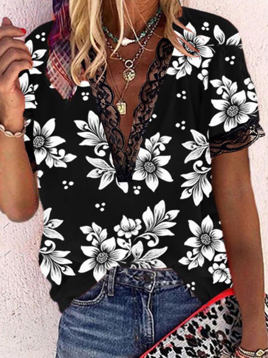 Women's T-Shirts Floral Print Lace V-Neck Short Sleeve T-Shirt - T-Shirts - Instastyled | Online Fashion Free Shipping Clothing, Dresses, Tops, Shoes - 20-30 - 29/04/2022 - color-black