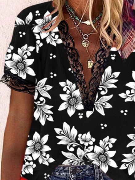 Women's T-Shirts Floral Print Lace V-Neck Short Sleeve T-Shirt - T-Shirts - Instastyled | Online Fashion Free Shipping Clothing, Dresses, Tops, Shoes - 20-30 - 29/04/2022 - color-black