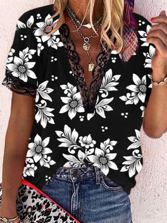 Women's T-Shirts Floral Print Lace V-Neck Short Sleeve T-Shirt - T-Shirts - Instastyled | Online Fashion Free Shipping Clothing, Dresses, Tops, Shoes - 20-30 - 29/04/2022 - color-black