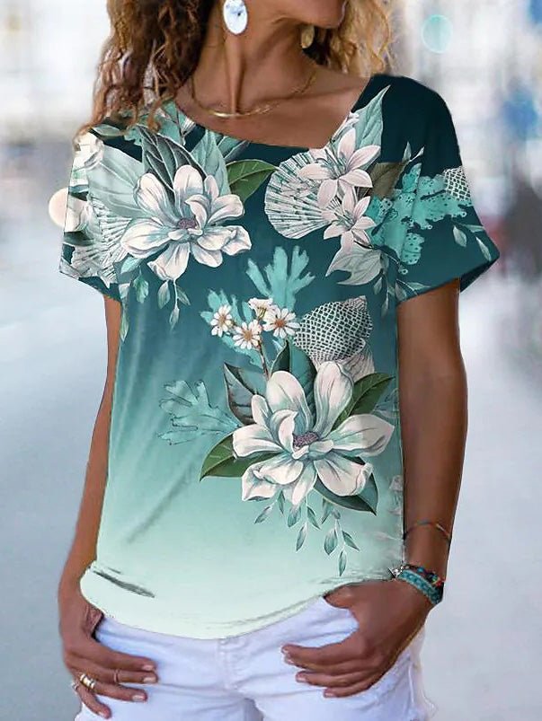 Women's T-Shirts Floral Print Short Sleeve T-Shirt - T-Shirts - Instastyled | Online Fashion Free Shipping Clothing, Dresses, Tops, Shoes - 10-20 - 29/04/2022 - color-blue