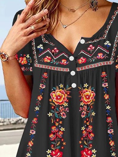 Women's T-Shirts Floral Print Square Neck Half Button T-Shirt - T-Shirts - Instastyled | Online Fashion Free Shipping Clothing, Dresses, Tops, Shoes - 12/07/2022 - 20-30 - color-black