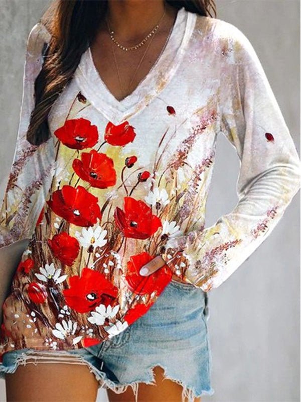 Women's T-Shirts Floral Print V-Neck Flared Long Sleeve T-Shirt - T-Shirts - Instastyled | Online Fashion Free Shipping Clothing, Dresses, Tops, Shoes - 16/02/2022 - 20-30 - color-purple