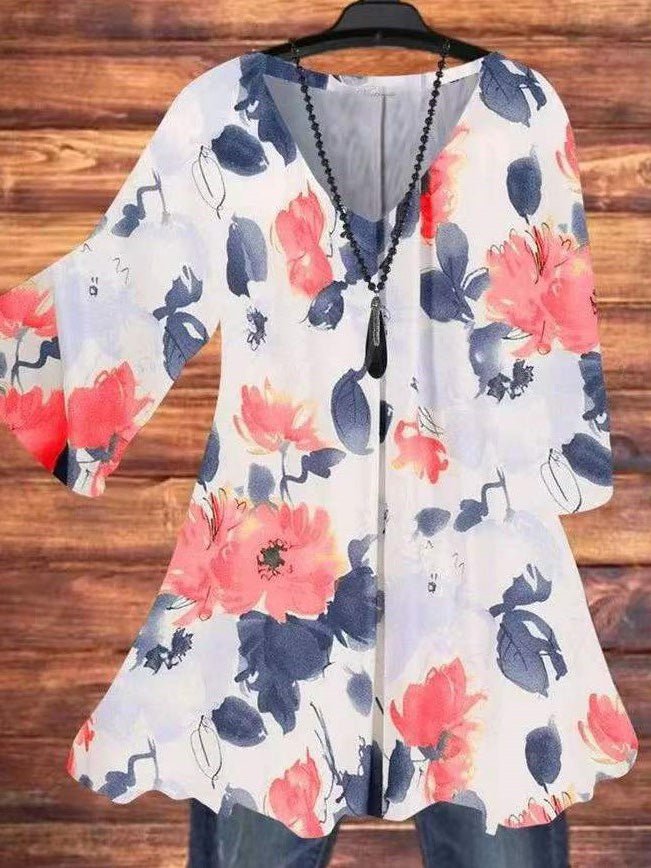 Women's T-Shirts Floral Print V-Neck Flared Sleeve T-Shirt - T-Shirts - Instastyled | Online Fashion Free Shipping Clothing, Dresses, Tops, Shoes - 14/03/2022 - 20-30 - color-red