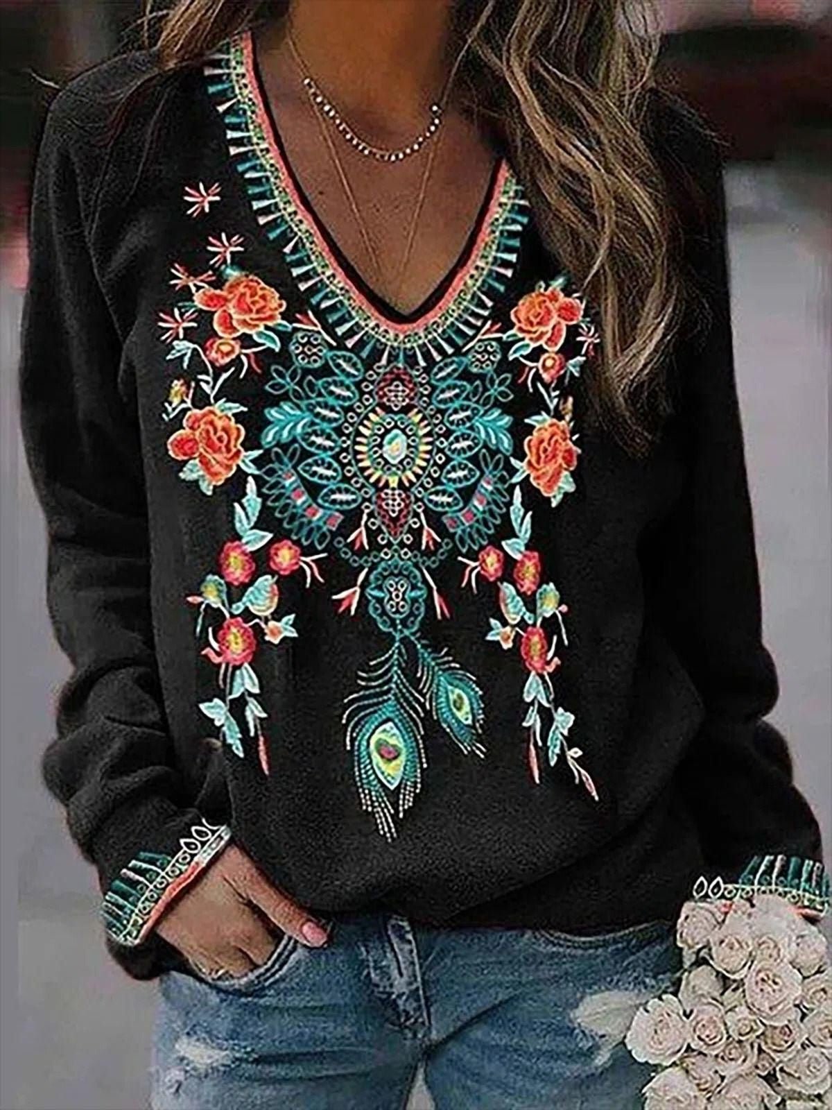 Women's T-Shirts Floral Print V-Neck Long Sleeve T-Shirt - T-Shirts - Instastyled | Online Fashion Free Shipping Clothing, Dresses, Tops, Shoes - 20-30 - 23/08/2022 - color-black