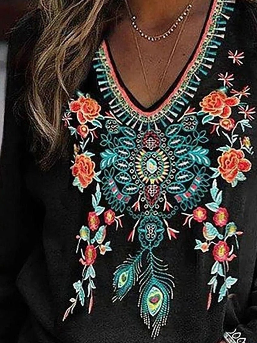 Women's T-Shirts Floral Print V-Neck Long Sleeve T-Shirt - T-Shirts - Instastyled | Online Fashion Free Shipping Clothing, Dresses, Tops, Shoes - 20-30 - 23/08/2022 - color-black