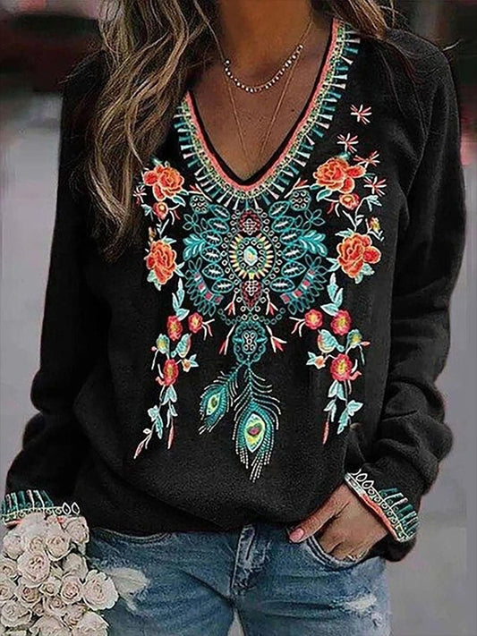 Women's T-Shirts Floral Print V-Neck Long Sleeve T-Shirt - T-Shirts - Instastyled | Online Fashion Free Shipping Clothing, Dresses, Tops, Shoes - 20-30 - 23/08/2022 - color-black