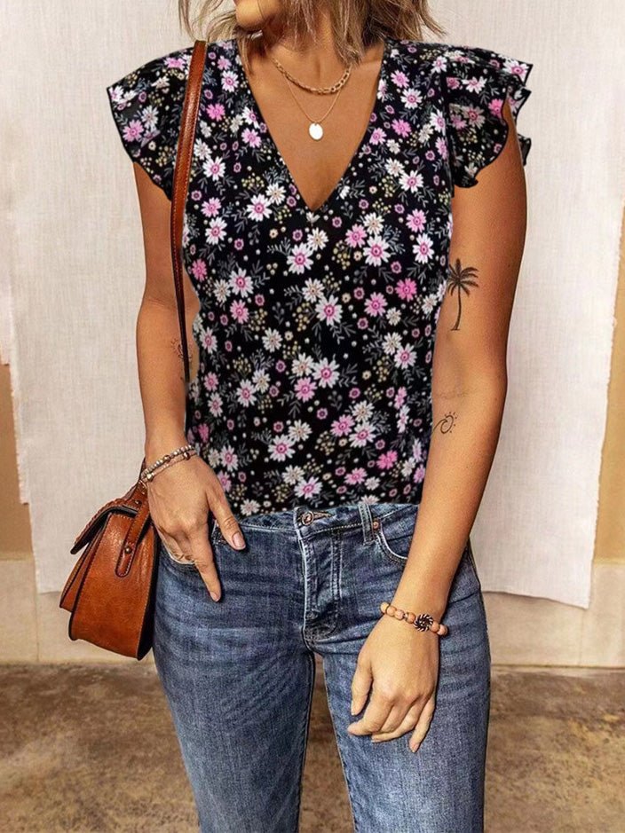 Women's T-Shirts Floral Print V-Neck Ruffle Sleeve T-Shirt - T-Shirts - Instastyled | Online Fashion Free Shipping Clothing, Dresses, Tops, Shoes - 06/06/2022 - 20-30 - color-black