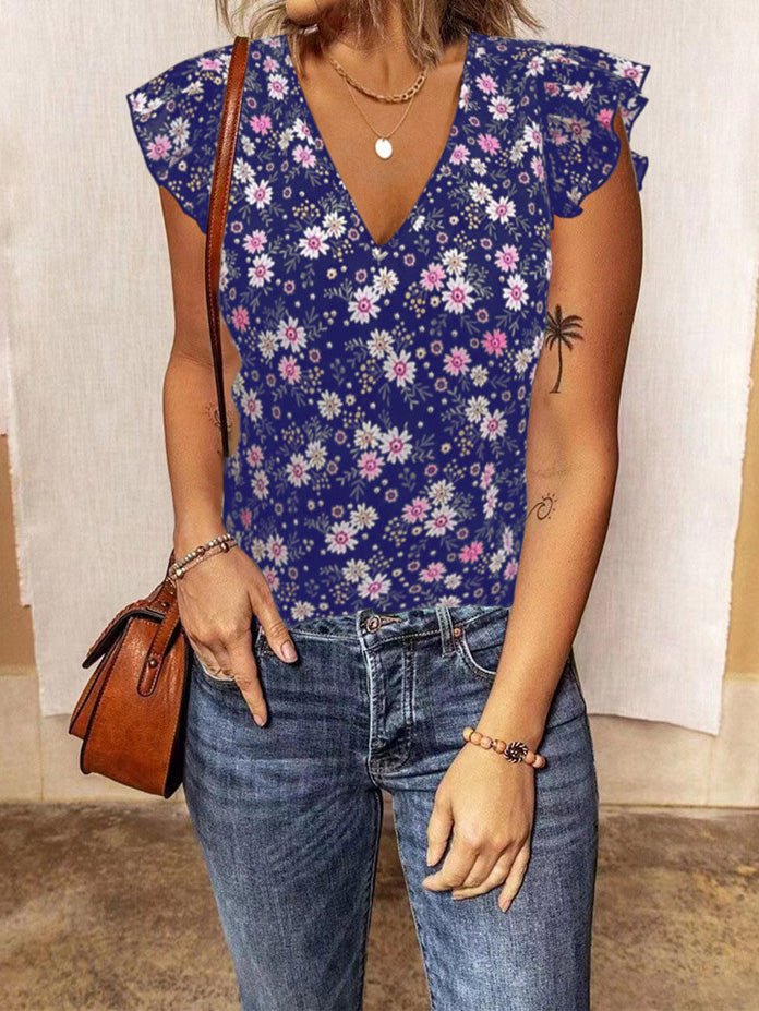 Women's T-Shirts Floral Print V-Neck Ruffle Sleeve T-Shirt - T-Shirts - Instastyled | Online Fashion Free Shipping Clothing, Dresses, Tops, Shoes - 06/06/2022 - 20-30 - color-black